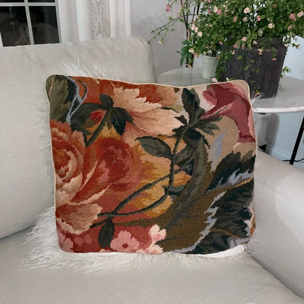 Needlepoint Roses   Throw Pillow  19”x16”